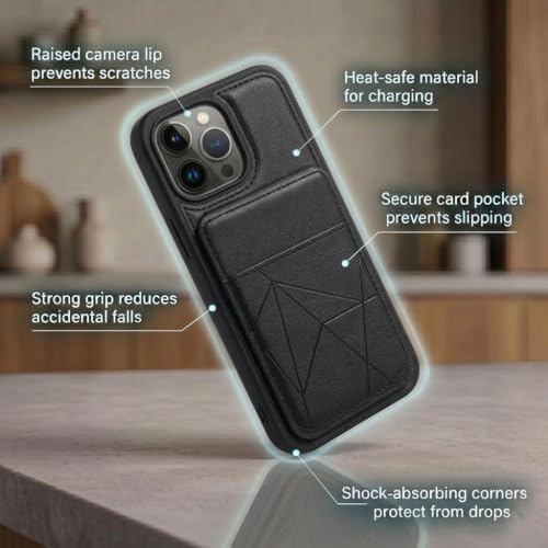 Image of amazon basics Premium Vegan Leather Back Cover with Card Holder and Integrated Mobile Stand for iPhone 14 Pro Max - Slim Shockproof Wallet Case with Geometric Stitching [Black]