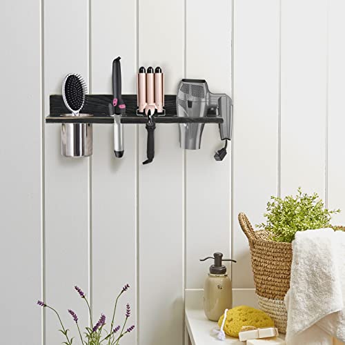 DORAMII Bathroom Wall Mount Hair Dryer Holder Hair Care & Styling Tool Organizer, Farmhouse Wooden Beauty Hair Appliance Holder for Flat Iron, Curling Wand, Hair Straighteners, Brushes,Black - Thumbnail 2