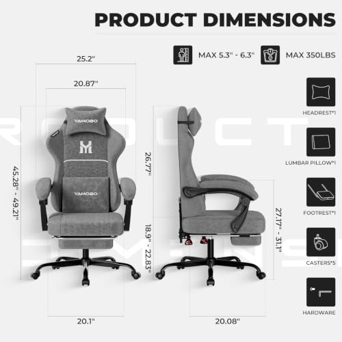 Image of Gaming Chair with Footrest, Ergonomic Computer Chair with Lumbar & Headrest Support for Adults, High Back Office Desk Chair with 360Swivel Wheels for Game and Work, Breathable Fabric,Grey