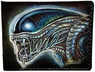 Alien vs predator, xenomorph,3D Genuine Leather Wallet Hand Carved Leather Carving, Carving predator Wallet