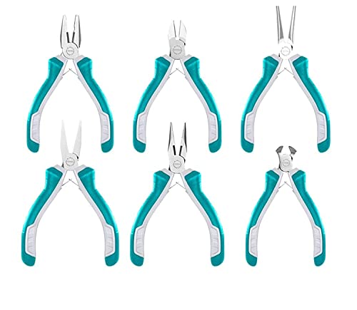 TOTAL - Juego de Alicates Mini | 6 Piezas | 115 mm | Para Mecánica de Precisión | Alicate Universal, Corte Diagonal, Corte Frontal, Plano Largo, Largo y de Arandelas | Mango Bimaterial