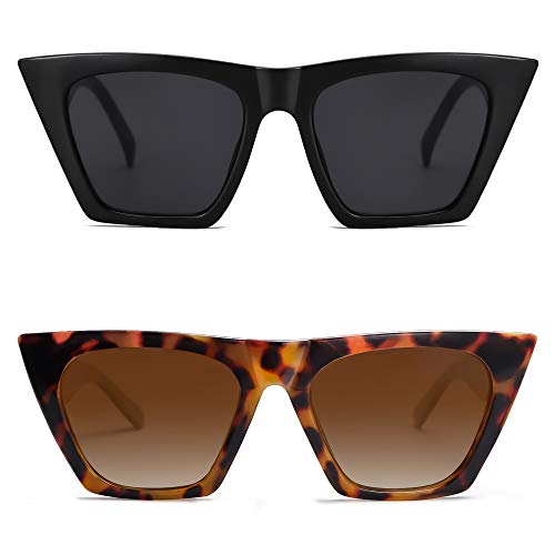 SOJOS 2 Pack Vintage Cateye Polarized Women Sunglasses Trendy Oversized Frame SJ2115, Black & Tortoise
