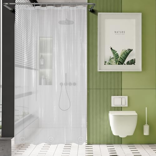 Image of AmazerBath Long Stall Shower Curtain 60x84 Inches, Premium PEVA Heavy Duty Clear Shower Curtain, Waterproof Thick Bathroom Curtain with 3 Big Weighted Stones and 10 Rustproof Grommet Holes