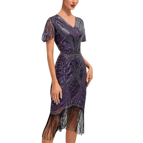 Celanisai Vestidos femininos dos anos 20, vestido de noite, com franjas, vestido com mangas curtas, vestido de cocktail, vestido de cocktail Gatsby temático, vestido de baile, Halloween, carnaval