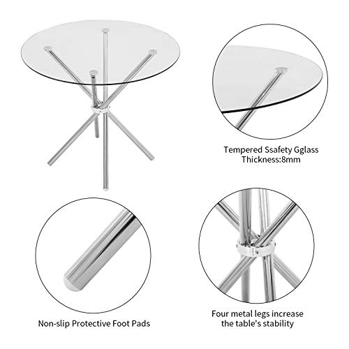 Dining Table Modern Kitchen and Dining Table with Round Glass Top and Stainless Steel Base - Thumbnail 4