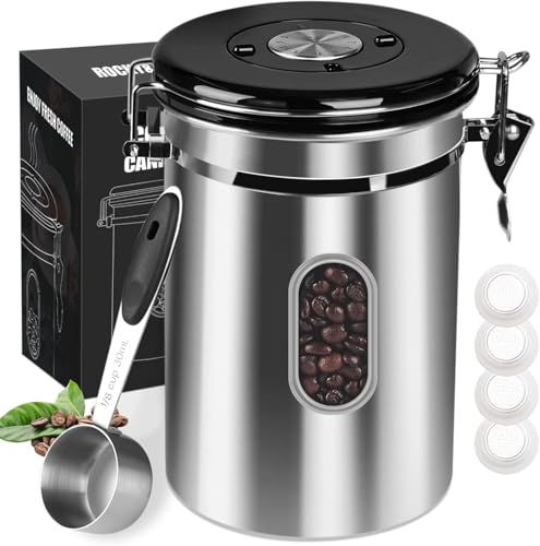 Airtight Coffee Canister with Date Tracker&Transparent Window, 35OZ Coffee Container with 30ML Measure Spoon&4 co2 Valve, Coffee Bean Storage Container for Grounds Coffee, Beans, Tea(Silver) by ROCKY&CHAO - Used condition - US$26.09