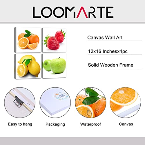 Purple Verbena Art 4Pcs/Set Stretched And Framed Orange, Apple, Lemon, Strawberry Fruits Design Wall Artwork Paintings, 12X12 Inches Giclee Walls Canvas Art Work For Kitchen Home Decor, Ready To Hang #TOP6