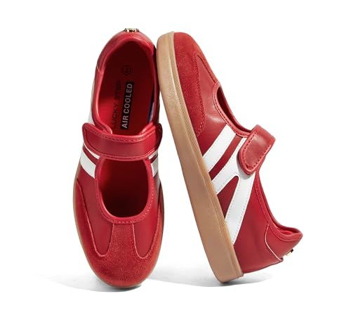 LUCKY STEP Womens Classic Retro Fashion Sneakers Gum Thin Sole Casual Tennis Slip on Flat Loafers Skate Walking Shoes Hook and Loop Footwear(Red/White 7)