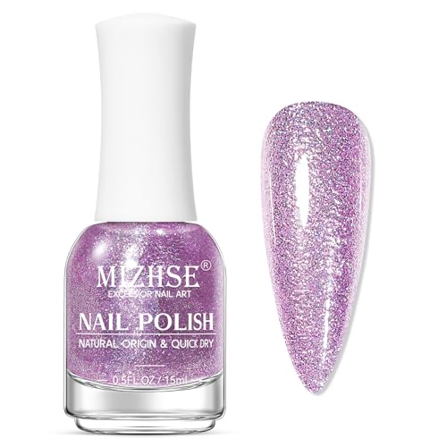 MIZHSE Quick Dry Glitter Purple Nail Polish, Shimmery Nail Polish Air Drying Fast, 15ml High Glossy Sparkly Shiny Nail Art Salon Manicure Home