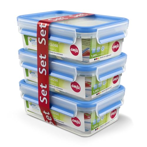 EMSA Clip & Close Frischhaltedosen-Set, rechteckig, 3 x 1 L, Aufbewahrungsboxen, 100 Prozent dicht, spülmaschinen-, gefrier-, mikrowellenfest, Transparent, Blau, Made in Germany, 508558