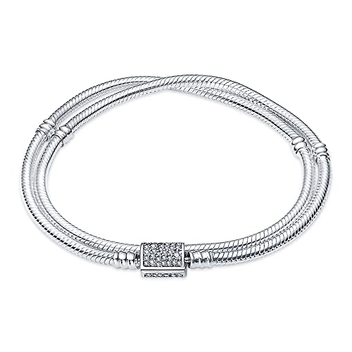 KUNSIR 925 Sterling Silver Double Loop Snake Chain Bracelet with 5A Cubic Zirconia Compatible with Pandora charms, Christmas Mother's Day