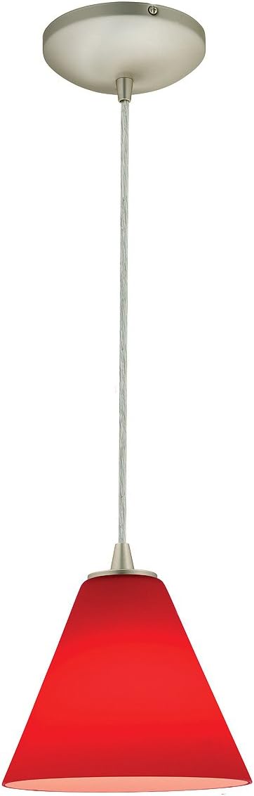 Martini Glass Pendant - Cord - Brushed Steel Finish - Red Glass Shade