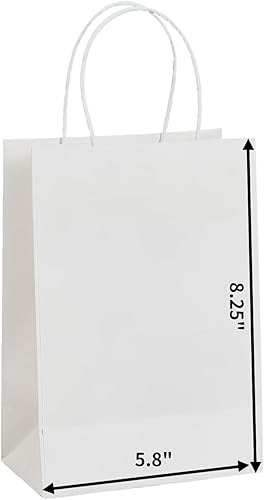 METAPRINT Paquete de 50 bolsas de regalo pequeñas de 5.8 x 3.2 x 8.25 pulgadas, bolsas de papel blanco con asas a granel, bolsas de papel kraft para