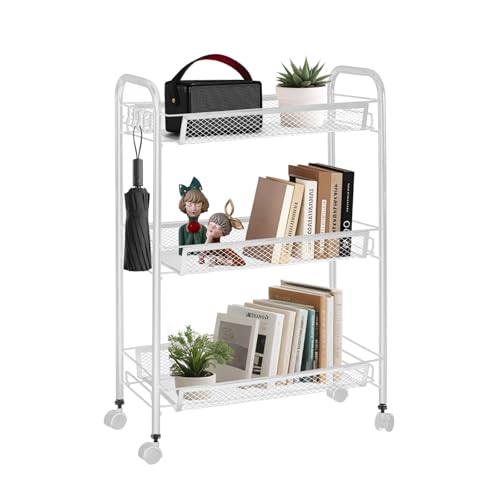 3 Tier Rolling Storage Trolley Cart with Mesh Shelves, Multi-Purpose Storage Trolley on Wheels for Kitchen, Bathroom, Bedroom, and Living Room Easy to Assemble Mobile Utility Kitchen Trolley White
