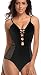 v28 Women's Deep V Neck Backless Crochet Lace Mesh One Piece Bathing Swimsuit (Medium, Black)