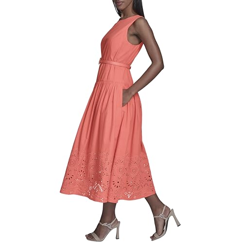 Image of Karl Lagerfeld Women's Sleeveless Boat Neck Drop Waist Belted Midi Dress