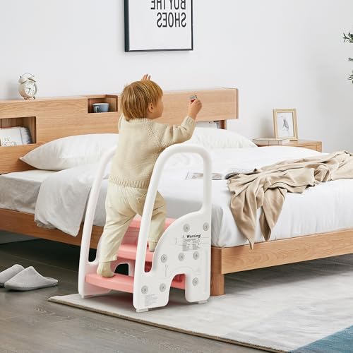 Toddler 3 Step Stool Kids Standing Tower for Bathroom Sink Kitchen Counter, Plastic Stepping Standing Stool Helper with Handles Sides for Toilet Potty Training, Lightweight Non-Slip