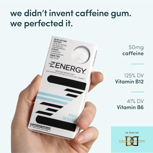 Image of ZENERGY Energy Gum - Mint Flavor | 50mg Caffeine + 35% B6 and 45% B12 Vitamin | Vegan, 0 Sugar, 0 Calories, 0 Gluten, 0 Aspartame, Non-GMO, Instant Action | 9 Pack : 24 Count