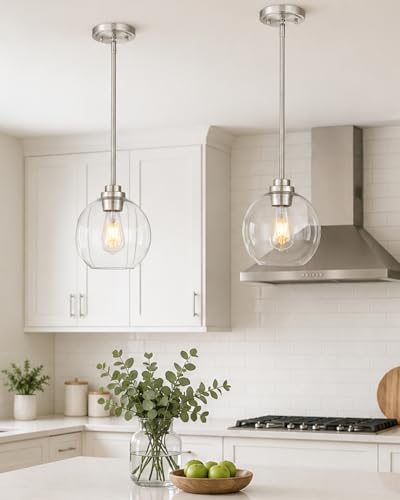 Image of Pendant Lights Kitchen Island, 8 inch Brushed Nickel Pendant Light Fixtures with Globe Clear Glass Shade, Modern Kitchen Island Lighting for Bathroom, AD-22280-1PL-SN