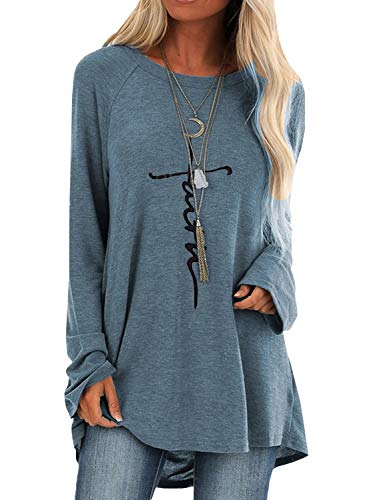Happy Sailed Womens Tunic Tops for Leggings Long Sleeve Round Neck Oversized Shirt High Low Blouse Sweatshirts Sky Blue Large
