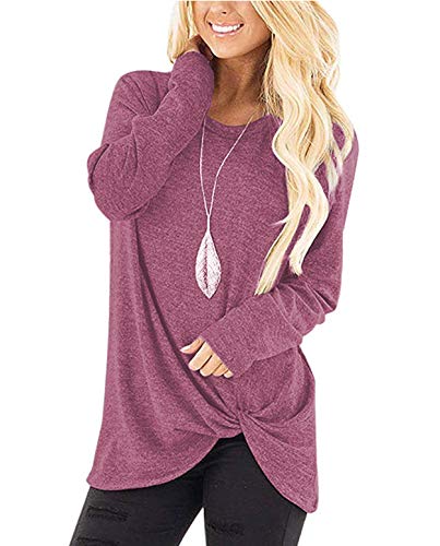 ZILIN Women's Cold Shoulder Casual Solid T-Shirt Knot Twist Front Tunic Blouse Tops (Y-Fuchsia, S)