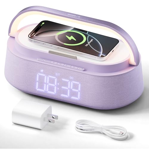 FREEFISH Relógio despertador multifuncional 6 em 1 com altifalante Bluetooth, carregador sem fio, luz noturna e suporte para telefone