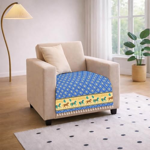 Image of Roseate Quilted Velvet Sofa Cover (1 Seater / 24 inchx27 inch) Sofa Protector for Living Room /Bedroom interiors (Blue /Harley) with Tassels