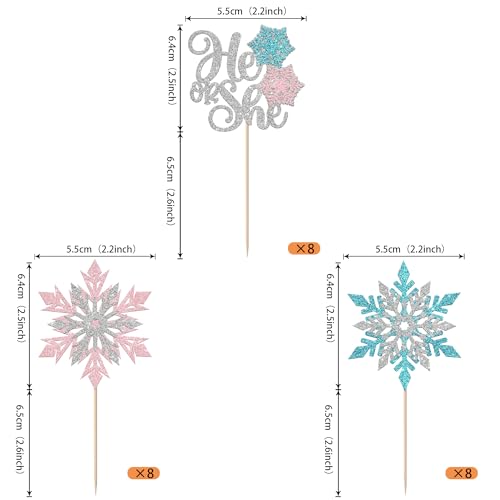 Rsstarxi 24 Pack Snowflake Gender Reveal Cupcake Toppers Pink Blue Glitter He or She Cupcake Picks Winter Snowflake Cake Decorations for Winter Wonderland Birthday Baby Shower Party Supplies