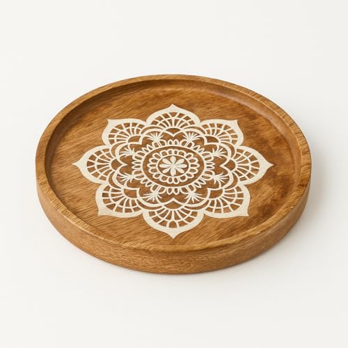 Image of Round Wooden Tray 10 Inch with Mandala Design | Mango Wood Serving Tray for Coffee Table, Snacks, Breakfast & Home Decor | Rustic Decorative Centerpiece Tray for Kitchen & Living Room