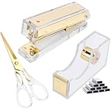 Stapler and Tape Dispenser Kit Acrylic Desk Organize Accessories Scissors Clear Tape Dispenser Gold Stapler Office Supplies