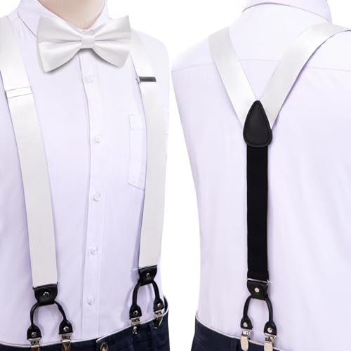 Image of Hi-Tie Men Suspender Bowtie Set Suspenders Pre-tied Bow Tie Pocket Square Cufflinks Adjustable Y Shape 6 Clips Braces Tuxedo