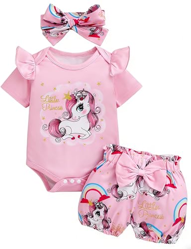 Image of NNYX Newborn Baby Girl Summer 3Pcs Clothes Set Little Toddler Girl Outfit Set Infant Girl Short Sleeve Bodysuit and Bow Shorts & Cute Headband Little One Unicorn Pink Purple Clothing Set 0-18 Months