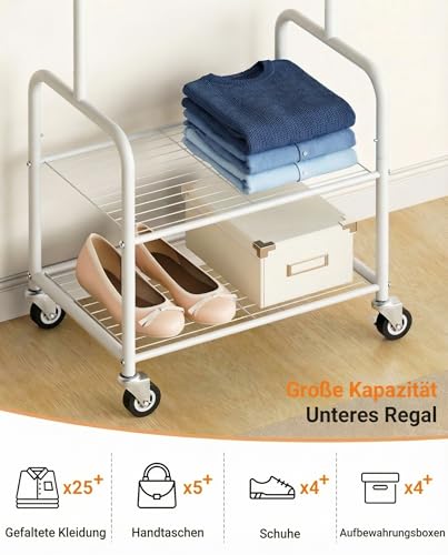 MISSLO Klein Kleiderstange mit Aufbewahrungsgitter, Stabil Kleiderständer auf Rollen, Schmal Metall Garderobenständer für Kleidung, Schuhe, Schlafzimmer, Mobile, Weiß