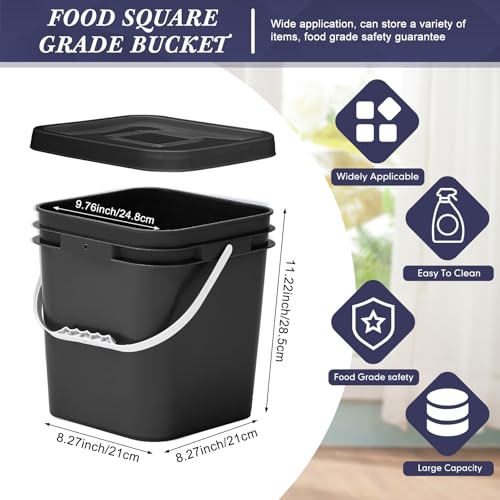 Image of Mumufy 3 Pcs 3.5 Gallon Square Food Grade Bucket with Lid Square Bucket Pail Plastic Handles for Long Term Food Storage, Camping, Fishing, Home Organization Easy Stack and Store (Black)
