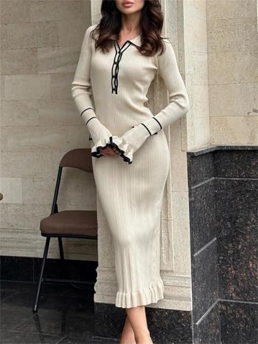 Women Elegant Knitted Mini Dress High Waist Ruffled Rib Long Sleeve Winter Banquet Dress2