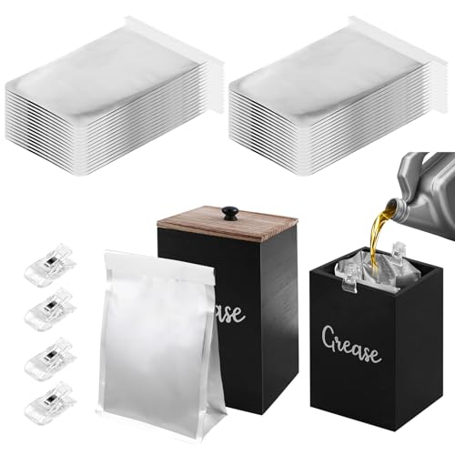 35 Set Grease Disposal Container for Kitchen 30 Disposable Foil Liners Wooden Storage Bin & 4 Clips - Bacon Grease Oil Collector to Stop Drain Clogs Kitchen Grease Container and Oil Disposal Bin