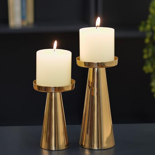 Behoma Handcrafted Solid Large Metal Pillar Candle Holders | Table Centerpieces Coffee Tables | Candles Stand for Christmas Home Decor Gift | Wedding Gift | Golden, Set of 2 (Candles are not Included)