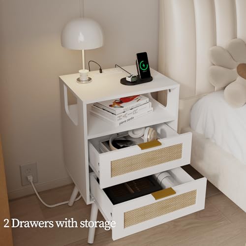 Image of JOONEE Rattan Nightstand with Charging Station,Farmhouse Bedside Table with 2 Storage Drawer and Open Wood Shelf, for Bedroom and Small Spaces,Night Stand with Solid Wood Legs (White-Outlet)