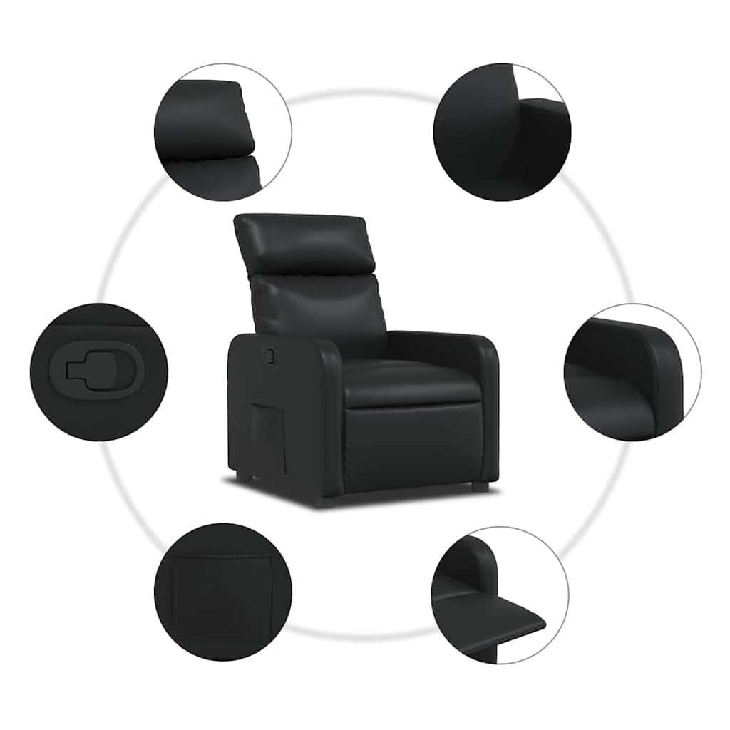 Sillón de relax manual de piel sintética con bolsillo lateral, color negro, respaldo ajustable hasta 135 grados, asiento acolchado grueso y reposabrazos, marco de madera y metal resistente,
