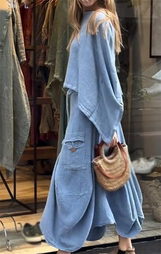 Women's 2 Piece Outfits Casual Skirt Sets, Long Sleeve Tops Irregular Midi Skirts Matching Outfits with Pockets3