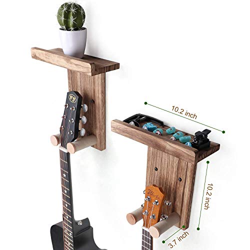Keebofly 2-Pack Guitar Wall Mount Hanger with Shelf & Pick Holder - Wood Wall Hook for Acoustic, Electric, Bass Guitars, Ukulele (Screw-Mounted, Brown) [Patented] - Thumbnail 6