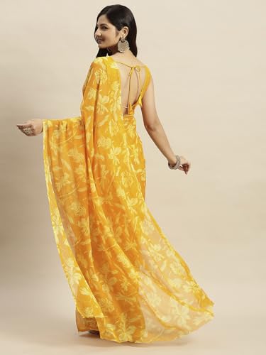 Image of RATAN Women's Chiffon Floral Printed Saree with Unstitched Blouse Piece