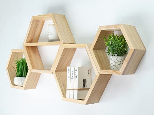 Extra Large Hexagon Floating Shelves - Set Of 4 - Honeycomb Shelves Octagon Shelves Wall Hanging Shelves Honeycomb Decor - Wooden Honey Comb Hexagon Shelf For Wall - Geometric Hexagonal Natural Wood #TOP2
