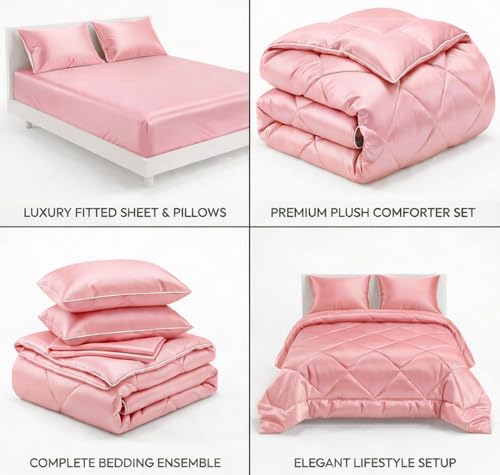 Image of SANMARINO Satin Silk Comforter Set for Double Bed - 300 TC Premium Satin Bedsheet with Pillow Covers, Luxury Complete Bedding Set, Soft Silky Finish, Bedroom Home Furnishing Gift Set - Rose Petal Pink