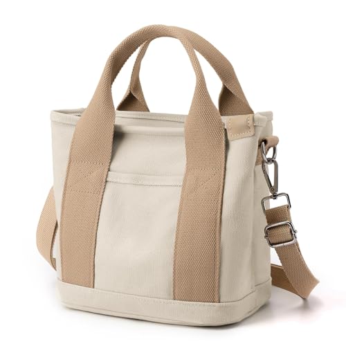 NAKODU Multi Pocket Canvas Tote Bag for Women,Tote Bag with Zipper,Everything Tote Bag Purse Travel Tote Bag with Compartment,2 Sizes (Khaki, S)