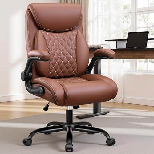 Image of Office Desk Chair, Ergonomic Lumbar Support for Lower Back Pain | Executive Leather Home Chair Comfy with Padded Flip-up Armrests, Brown, 2-Pack