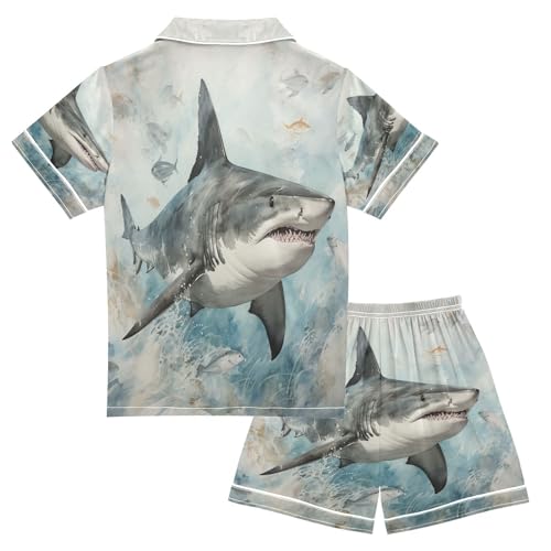 ALAZA Shark Flying Satin Pajamas Set Short Sleeve Button Down Sleepwear Summer Pjs 2 Piece2