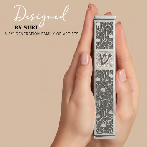 Image of SURI Mezuzah for Door with Scroll, 7 Inch Silver and Gray Mezuzah Case with Non Kosher Scroll Inside, Fits a up to 6 Inch Scroll, Includes Adhesive and Gift Box