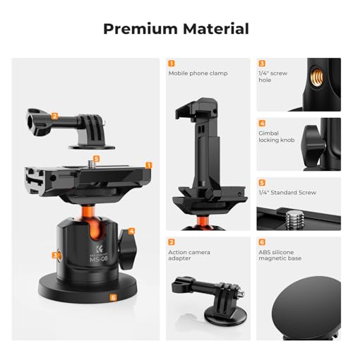 Image of K&F Concept Magnetic Camera Mount for GoPro Hero 13 /12 /11 /10 /9 Black, DJI Osmo Action 5 Pro /4 /3 /2 /6, Insta360 X5 /X4, 360 Ball Head Mount for Car, Steel, Magnetic Surface Attaching