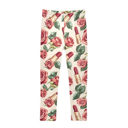 Red Roses Lipstick Girls Leggings Ultra Soft Compression Yoga Gym Pants for Kids 4-10T